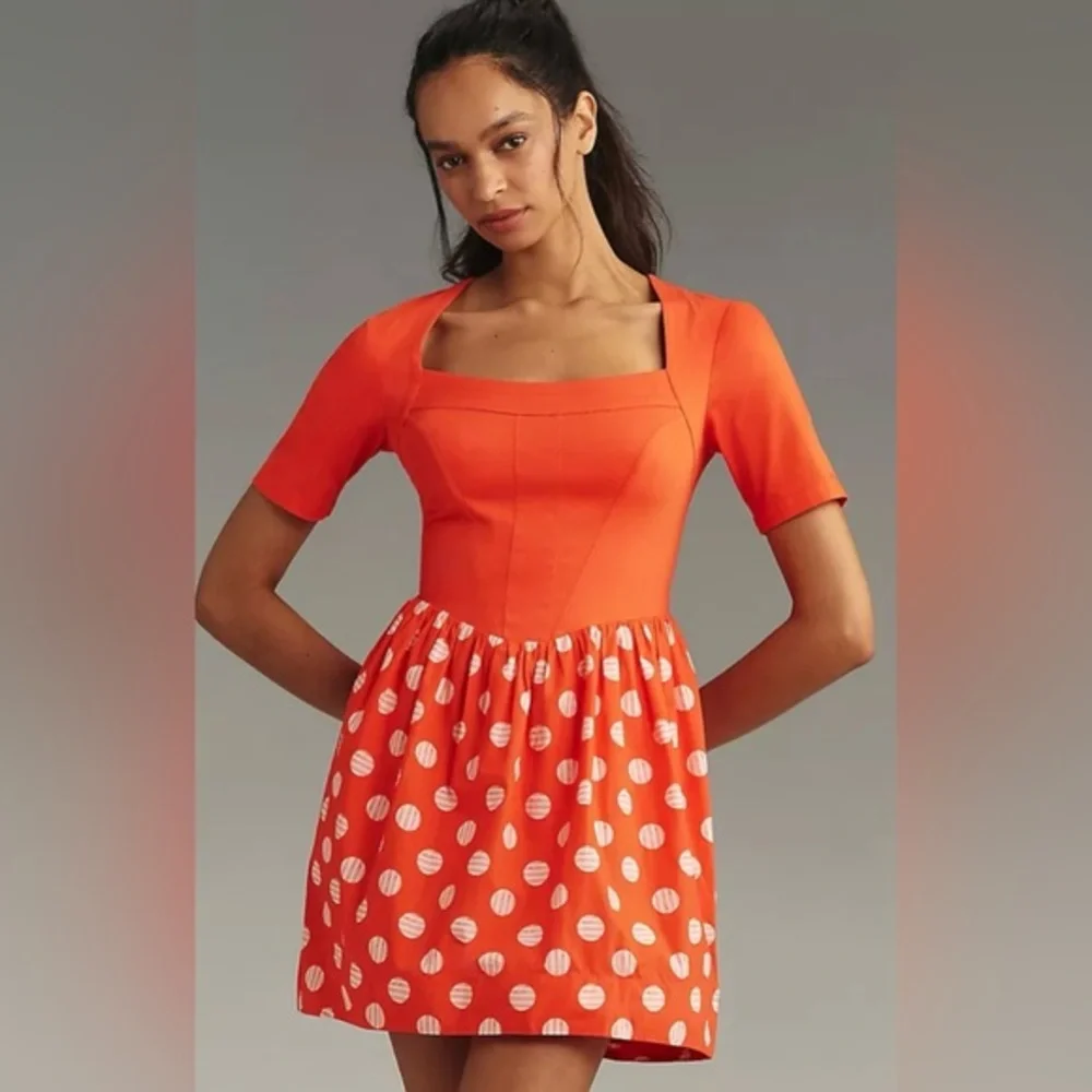 ANTHROPOLOGIE X MAEVE L Short-Sleeve Square-Neck Mini Dress W polka dot skirt